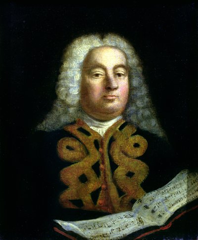 Portret van George Frederick Handel (1685-1759) met een exemplaar van de Messiah, ca. 1749 door English School